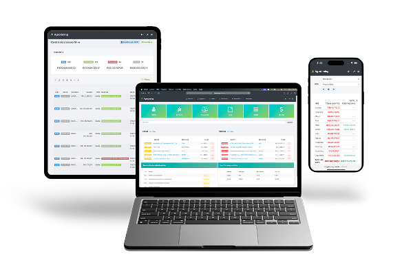 Exibição da plataforma AGROTIMING em diversos dispositivos com telas em formatos variados